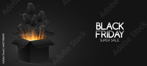 Cover for Black Friday sale. 3D black balloons fly out of open secret box with magical golden glow. Graphic elements for your design. Vector illustration.