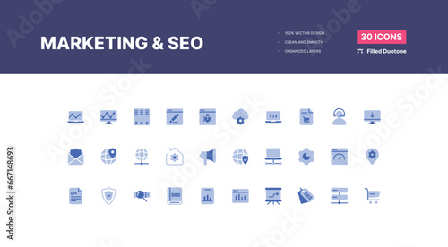 Marketing and Seo Icons Pack. SEO optimization icons. Set of line icons. Achieving results. SEO concept. Search Engine Optimization icon collection. Containing business - Filled Duotone