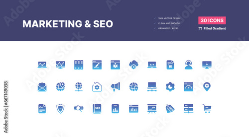 Marketing and Seo Icons Pack. SEO optimization icons. Set of line icons. Achieving results. SEO concept. Search Engine Optimization icon collection. Containing business - Filled Gradient
