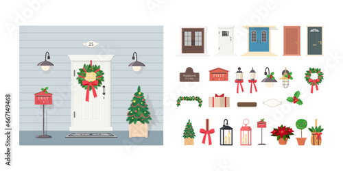 Set of elements for decorating front door. Collection includes Christmas tree, wreath, street lights, signs, garland. Exterior concept for house. Cartoon flat style. Vector illustration