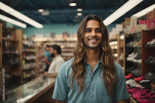 handsome long hair male cashier smiling at a shelf in a shoe store. Generative AI.