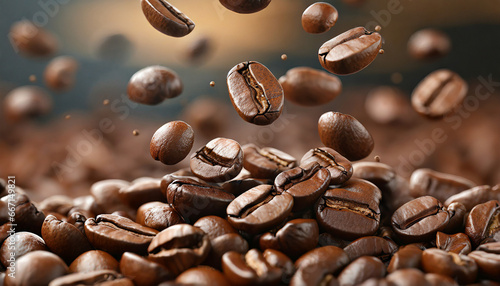Falling coffee beans in motion close up