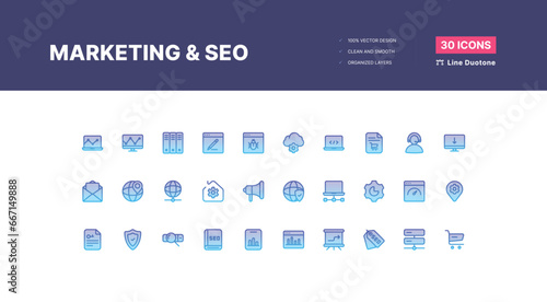 Marketing and Seo Icons Pack. SEO optimization icons. Set of line icons. Achieving results. SEO concept. Search Engine Optimization icon collection. Containing business - Line Duotone