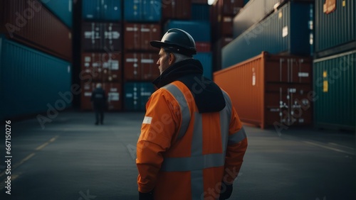 A dockworker walking in the harbor looks at the containers