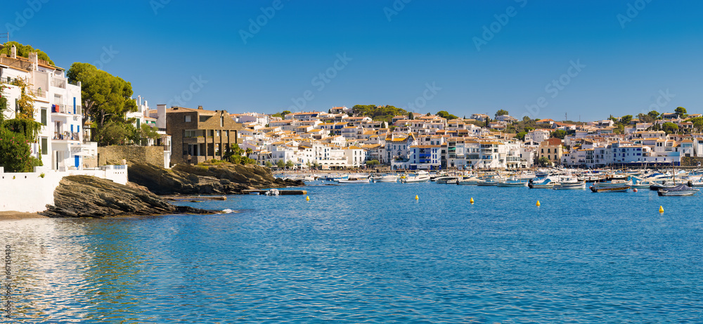 Great panoramic view of the bay of Cadaques, Alt Emporda, Costa Brava, Catalonia, Spain