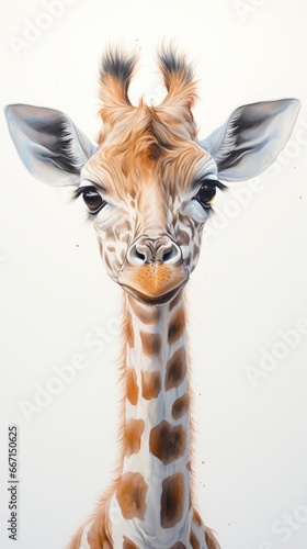 Adorable pastel illustration: Baby giraffe portrait for kids room, clean design on white backdrop.