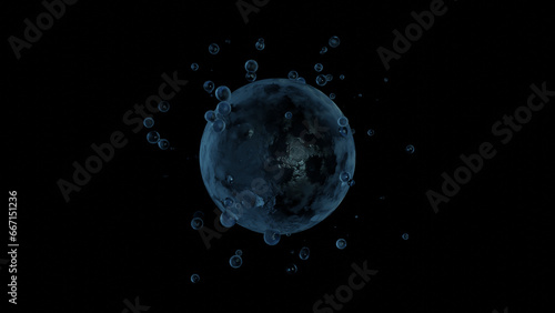 3d rendering of an abstract sphere and a lot of droplets that fly apart. Abstract 3d illustration. Fantastic laboratory.
