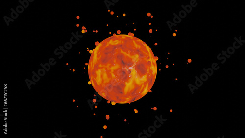 3d rendering of an abstract sphere and a lot of droplets that fly apart. Abstract 3d illustration. Fantastic laboratory.