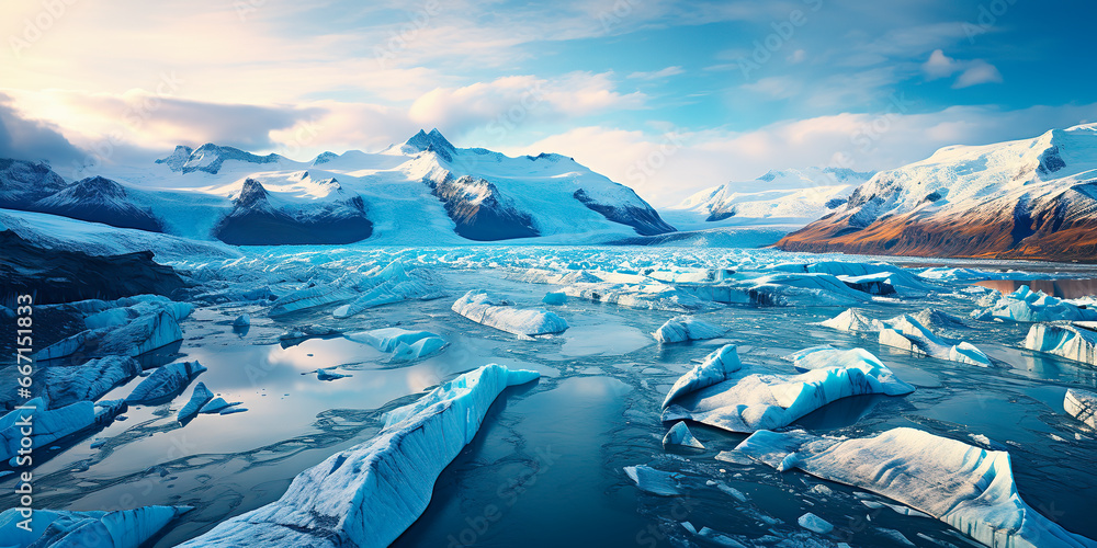 An aerial photograph of glaciers releasing rivers of ice, showing the ...