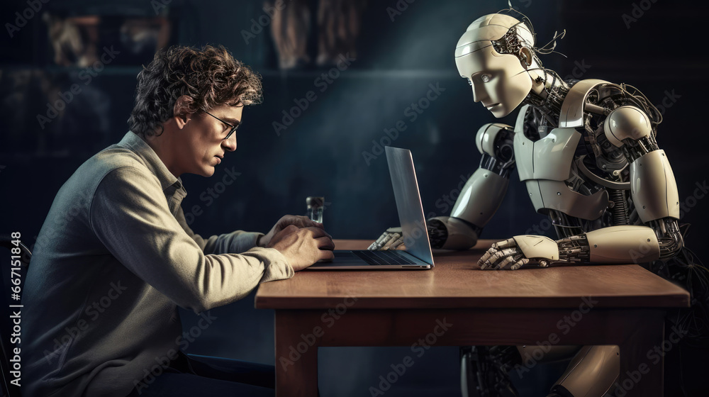 A man at a table communicates with a robot
