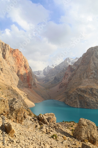 Big Allo lake surrounded with 5000 meters high peaks in Fann Mountains  in local language called Bolshoi Allo  Tajikistan