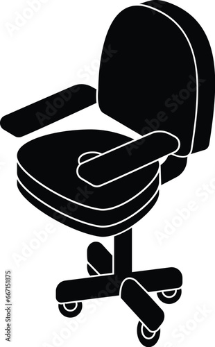 Cartoon Black and White Isolated Illustration Vector Of An Office Chair with Arm Rest on Wheels