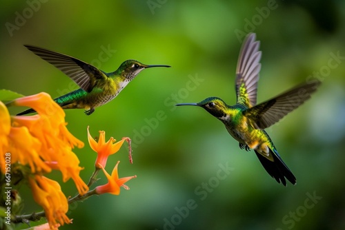 Two birds in natural habitat, Montezuma, Colombia. Two hummingbirds in flight by ping flower, green and yellow background. Generative AI