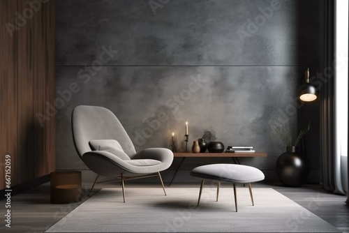 Contemporary lounge with chair, simplistic decor scene. Generative AI