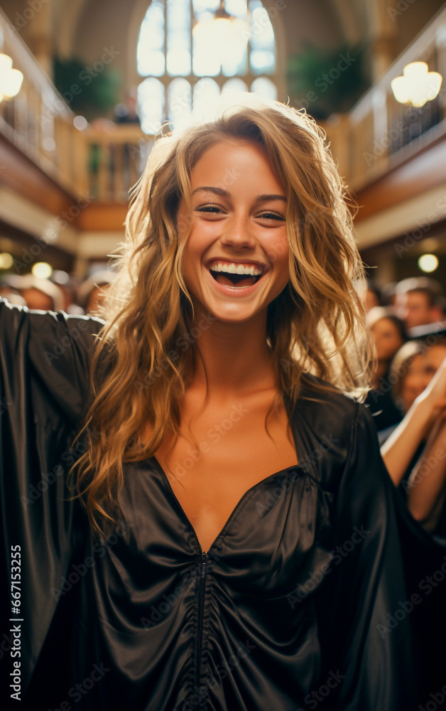 Smiling and grateful young woman celebrates graduation