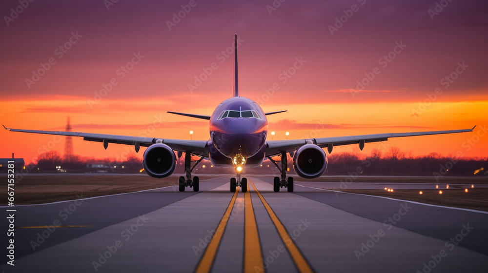 Passenger jet airbass taking off on a runway at dawn with a purple and orange sky sunset with runway lights. Generated AI Passenger jet airbass taking off on a runway at dawn with a purple and orange sky sunset with runway lights. Generated AI