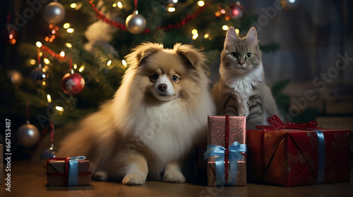 Christmas, New Year, dog, cat, gifts, tree