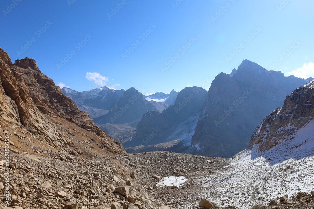 Mountain landscape from a hiking trail to Haft Kul Seven Lakes in Tajikistan