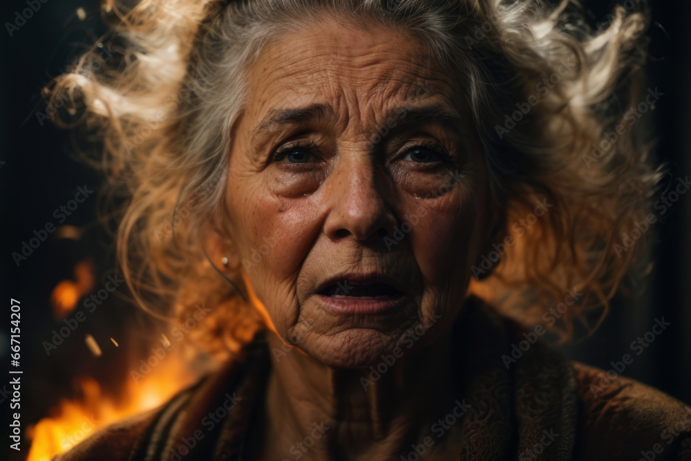 A mature woman cries from drama. crying from despair. fire in the background