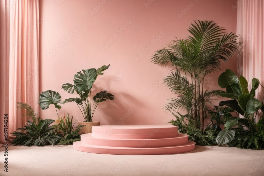 Podium in abstract soft pink room composition for product presentation with tree jungle Podium in abstract soft pink room composition for product presentation with tree jungle