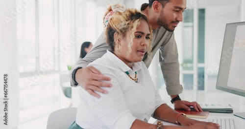 Sexual harassment, workplace abuse and business woman with inappropriate manager touching shoulder at computer desk with company policy problem. Man giving employee anxiety with human resources issue