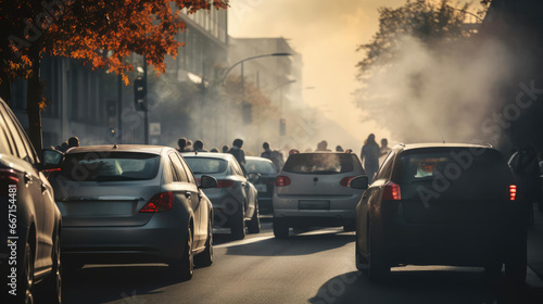 Cars on the street of the city are stuck in a traffic jam. Heavy smoke photo