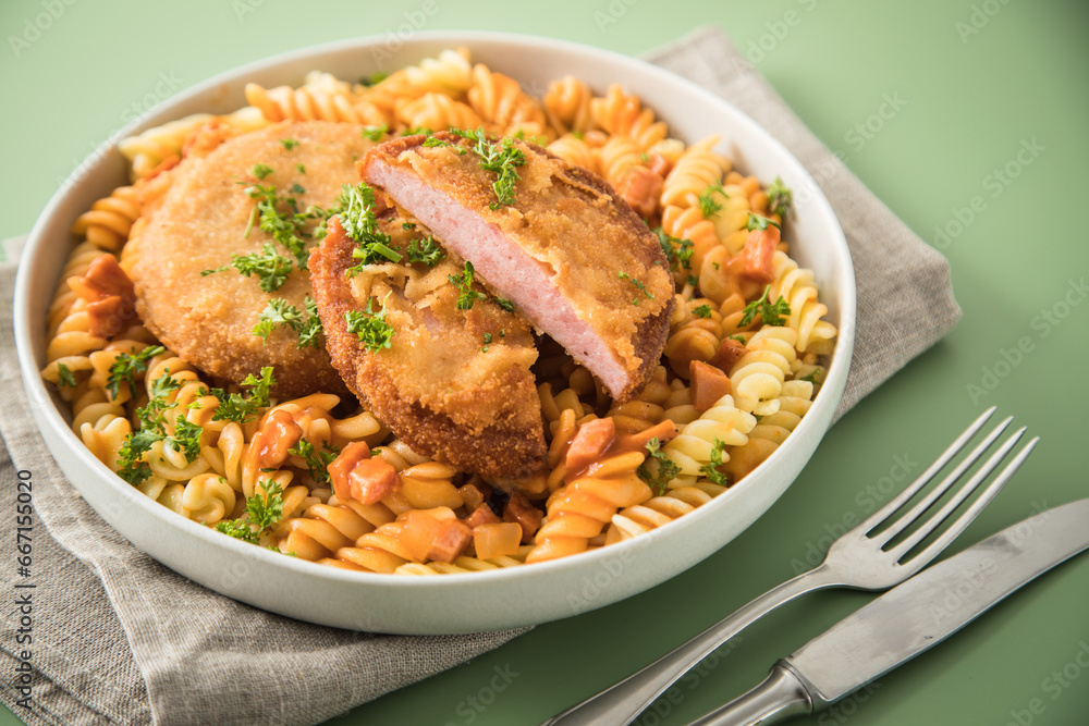 Jägerschnitzel nach DDR GDR Rezept mit Jagdwurst paniert, Spirelli Fusilli Nudeln, Tomatensoße, Petersilie auf Porzellan Schale, Besteck, beige Leinen Serviette und grünen Hintergrund Jägerschnitzel nach DDR GDR Rezept mit Jagdwurst paniert, Spirelli Fusilli Nudeln, Tomatensoße, Petersilie auf Porzellan Schale, Besteck, beige Leinen Serviette und grünen Hintergrund