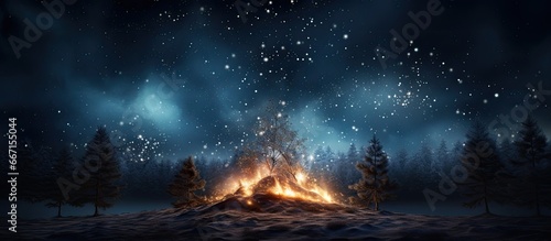 Artificial Intelligence rendering of bonfire with sparks and particles in front of a forest and starry sky