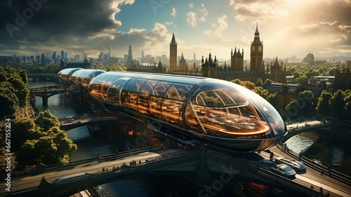Futuristic city with domes in London, featuring modern glass-encased transportation
