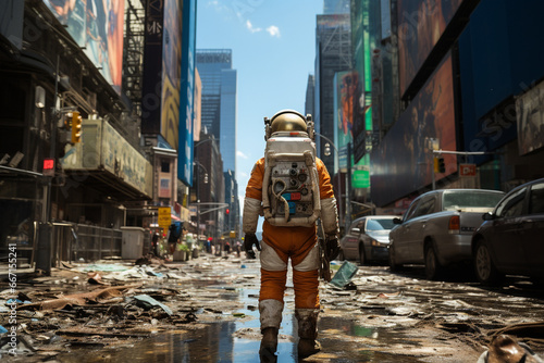 Space-suited astronaut man appears in an apocalyptic city, seen from behind with several cars and buildings in a city