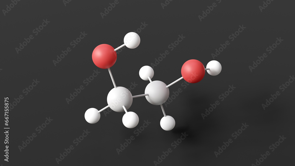 ethylene glycol molecule, molecular structure, ethane-1.2-diol, ball and stick 3d model, structural chemical formula with colored atoms ethylene glycol molecule, molecular structure, ethane-1.2-diol, ball and stick 3d model, structural chemical formula with colored atoms