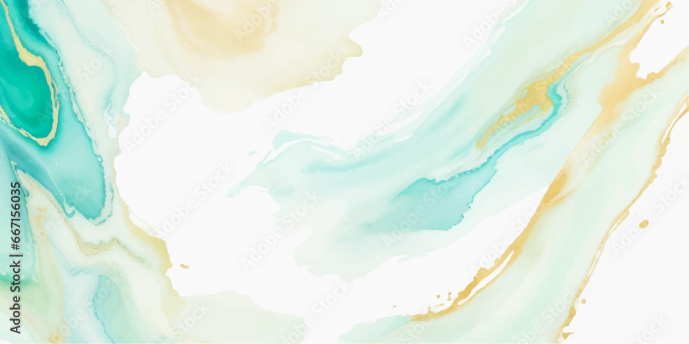 Abstract watercolor paint background illustration - Soft pastel green aquamarine color and golden lines, with liquid fluid marbled paper texture banner texture.	
