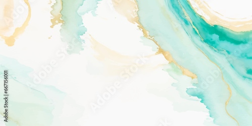 Abstract watercolor paint background illustration - Soft pastel green aquamarine color and golden lines, with liquid fluid marbled paper texture banner texture.	