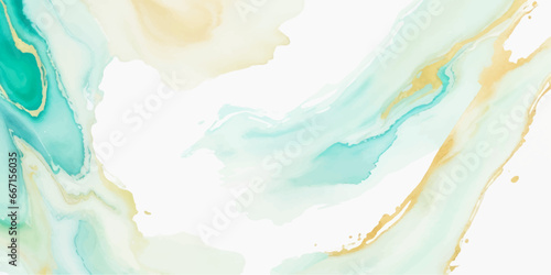 Abstract watercolor paint background illustration - Soft pastel green aquamarine color and golden lines, with liquid fluid marbled paper texture banner texture.	