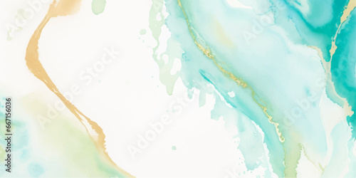 Abstract watercolor paint background illustration - Soft pastel green aquamarine color and golden lines, with liquid fluid marbled paper texture banner texture.	