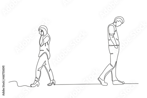 Lovers frustrated with relationships. Breakup one-line drawing