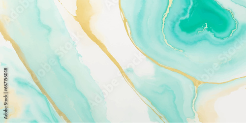 Abstract watercolor paint background illustration - Soft pastel green aquamarine color and golden lines, with liquid fluid marbled paper texture banner texture.	