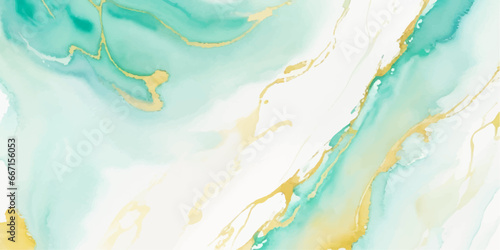 Abstract watercolor paint background illustration - Soft pastel green aquamarine color and golden lines, with liquid fluid marbled paper texture banner texture.	