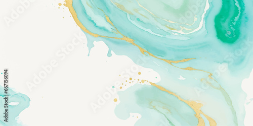 Abstract watercolor paint background illustration - Soft pastel green aquamarine color and golden lines, with liquid fluid marbled paper texture banner texture.	