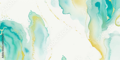 Abstract watercolor paint background illustration - Soft pastel green aquamarine color and golden lines, with liquid fluid marbled paper texture banner texture.	
