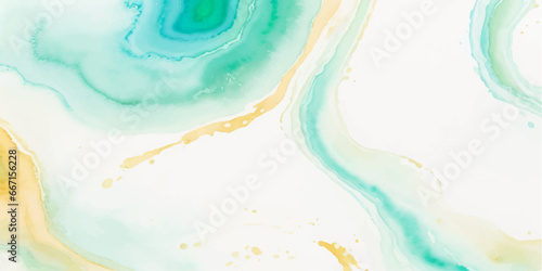Abstract watercolor paint background illustration - Soft pastel green aquamarine color and golden lines, with liquid fluid marbled paper texture banner texture.	