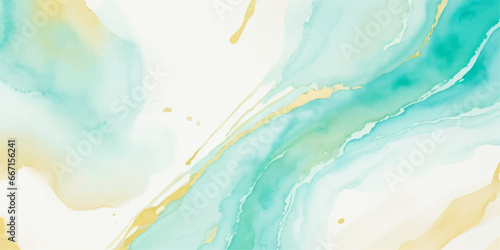 Abstract watercolor paint background illustration - Soft pastel green aquamarine color and golden lines, with liquid fluid marbled paper texture banner texture.	