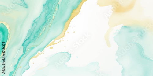 Abstract watercolor paint background illustration - Soft pastel green aquamarine color and golden lines, with liquid fluid marbled paper texture banner texture.	