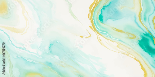 Abstract watercolor paint background illustration - Soft pastel green aquamarine color and golden lines, with liquid fluid marbled paper texture banner texture.	