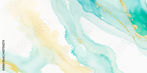 Abstract watercolor paint background illustration - Soft pastel green aquamarine color and golden lines, with liquid fluid marbled paper texture banner texture.	