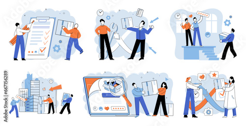 Quality control. Vector illustration. The quality control metaphor compares process to gatekeeper who ensures quality Inspecting product helps identify any defects or deviations Exploring different