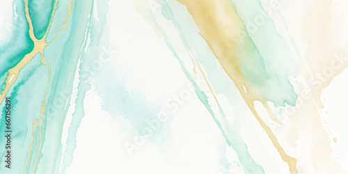 Abstract watercolor paint background illustration - Soft pastel green aquamarine color and golden lines, with liquid fluid marbled paper texture banner texture.	