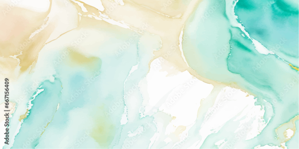 Abstract watercolor paint background illustration - Soft pastel green aquamarine color and golden lines, with liquid fluid marbled paper texture banner texture.	