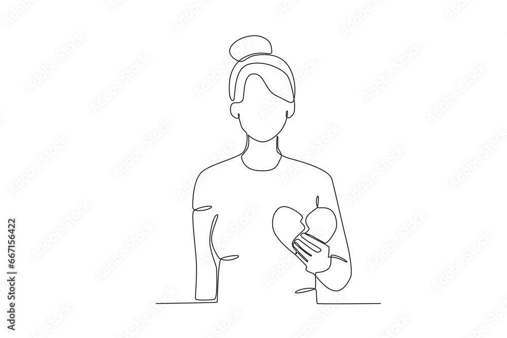 A sad woman holds a broken heart. Breakup one-line drawing A sad woman holds a broken heart. Breakup one-line drawing