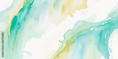 Abstract watercolor paint background illustration - Soft pastel green aquamarine color and golden lines, with liquid fluid marbled paper texture banner texture.	